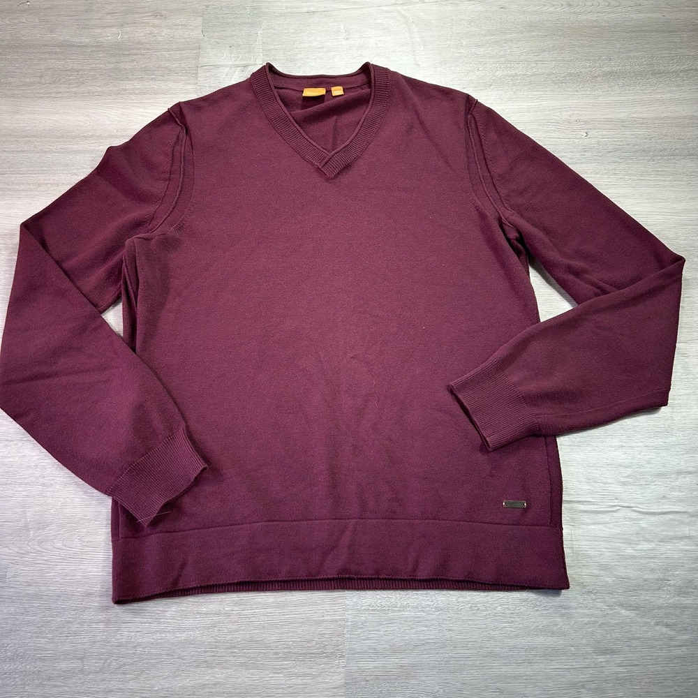 Boss Orange Sweater Mens Large Burgundy V‎ Neck Knit Pullover Hugo Boss